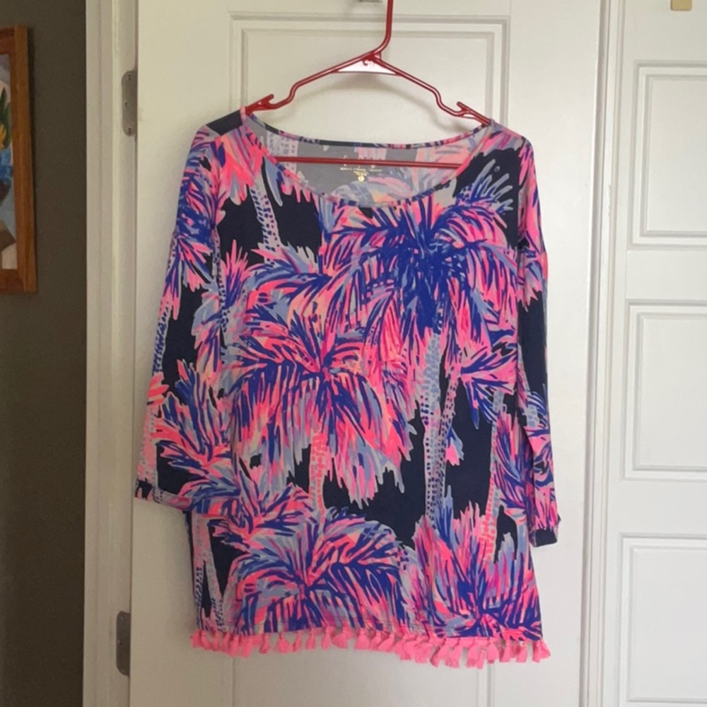 Lilly Pulitzer top in a cherished print with tassel detailing on hem